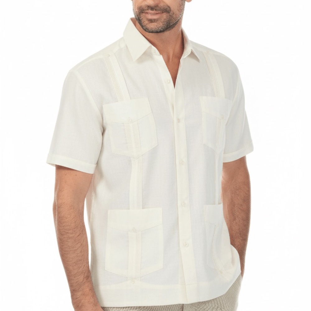 Mojito-NWOT-Men's Short-Sleeve Ivory Linen 4 Pocket Guayabera Shirt